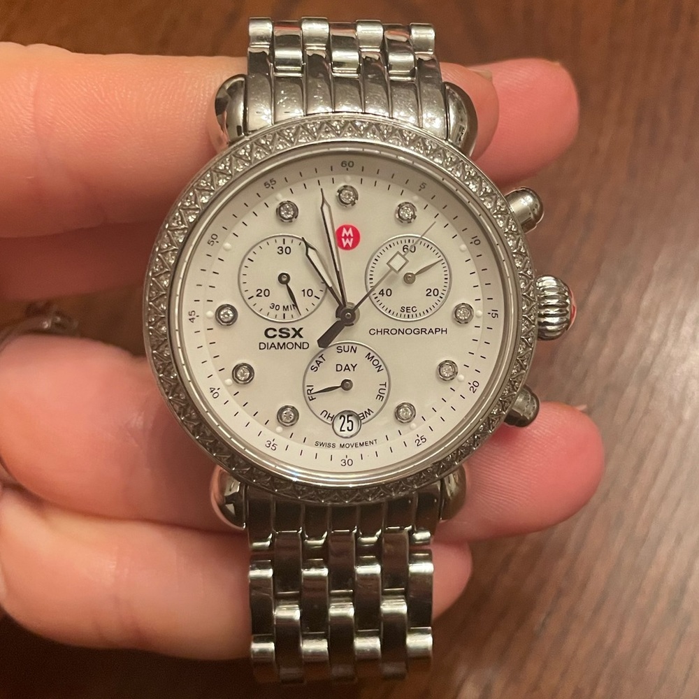 Stainless Steel Michele CSX Watch with double diamonds.
